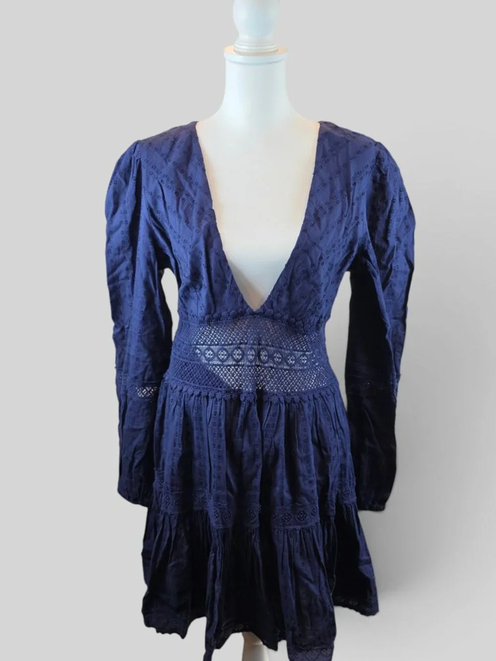 Free People Blue Long Sleeve Mini Dress | Boho Swiss Dot Lace Cutout Dress Size